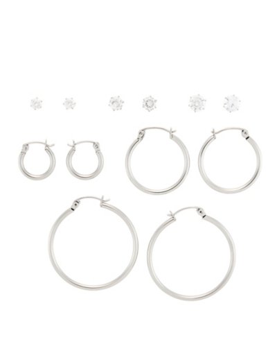 Multi-Pack CZ Simple Silverplated Hoop and Stud Earrings - 6 Pack