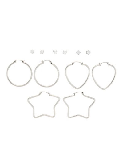 Multi-Pack CZ Silverplated Star Hoop and Stud Earrings - 6 Pack