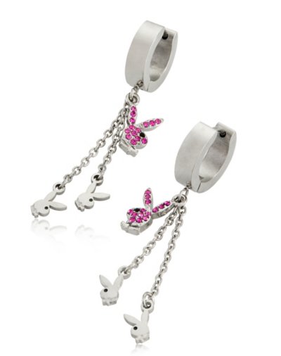 Pink CZ Playboy Chain Dangle Huggie Hoop Earrings - 18 Gauge