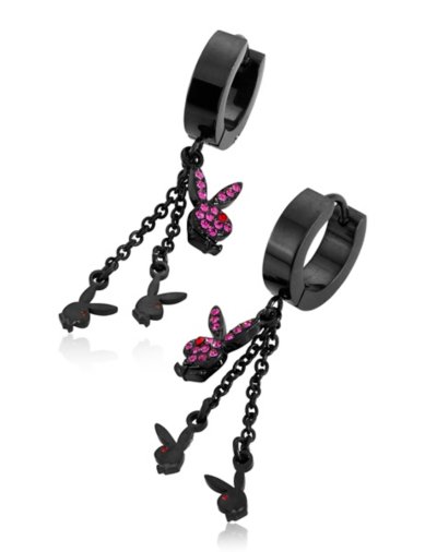 CZ Black Playboy Chain Dangle Huggie Hoop Earrings - 18 Gauge