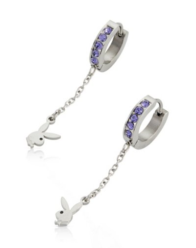 Blue CZ Playboy Chain Dangle Huggie Hoop Earrings - 18 Gauge