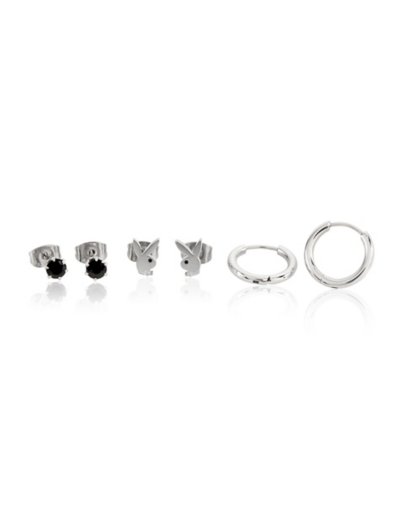 Multi-Pack Black CZ Playboy Studs and Huggie Hoop Earrings 3 Pair - 20