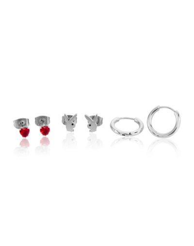 Multi-Pack Red Heart CZ Playboy Studs and Huggie Hoop Earrings 3 Pair