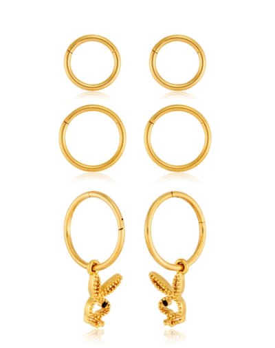 Multi-Pack Black CZ Goldtone Playboy Pendant Hoop Earrings 3 Pair - 16