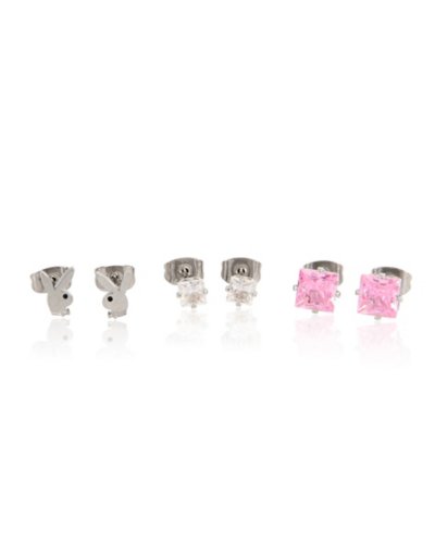 Multi-Pack Pink CZ Playboy Bunny Stud Earrings - 3 Pack