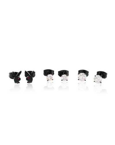 Multi-Pack Black CZ Playboy Bunny Stud Earrings - 3 Pack