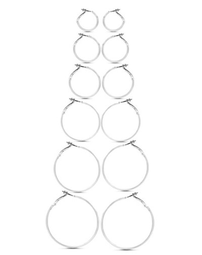 Silvertone Mixed Size Hoop Earrings - 6 Pair