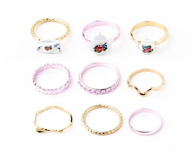 Multi-Pack Goldtone and Pink Floral Teapot Rings - 9 Pack