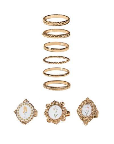 Multi-Pack Goldtone Frame Floral Rings - 9 Pack