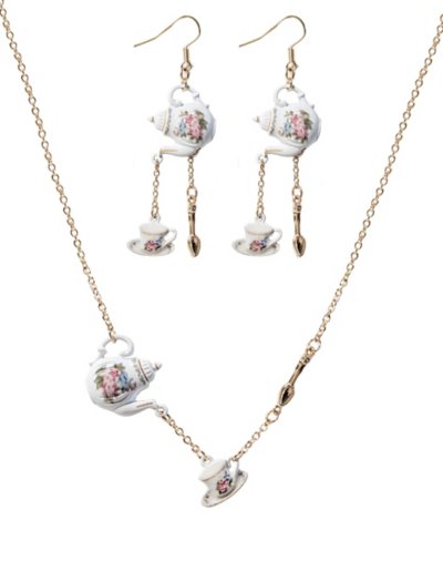 Teapot and Teacup Pendant Necklace and Earrings Set