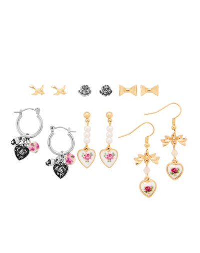 Multi-Pack Floral Heart and Bird Earrings - 6 Pair