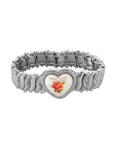 Heart Floral Silvertone Stretch Bracelet