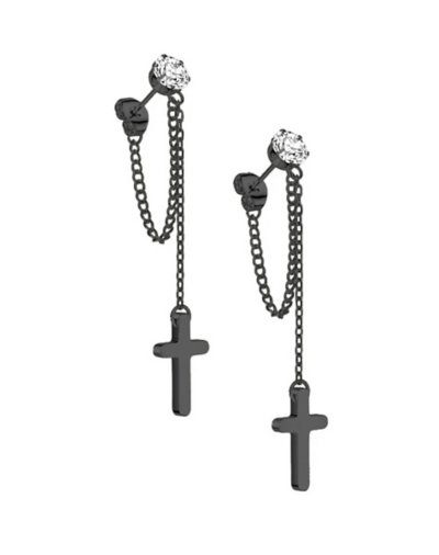 CZ Black Cross Dangle Stud Earrings