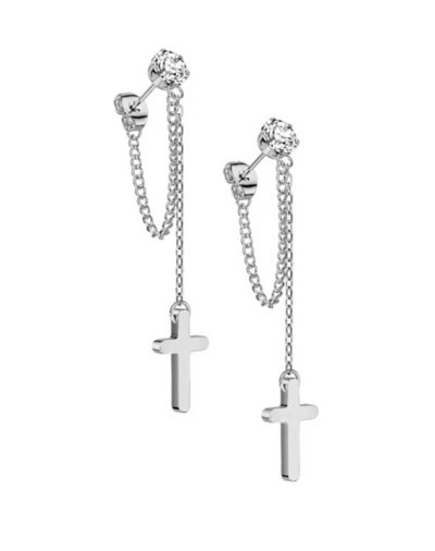 CZ Cross Chain Dangle Stud Earrings