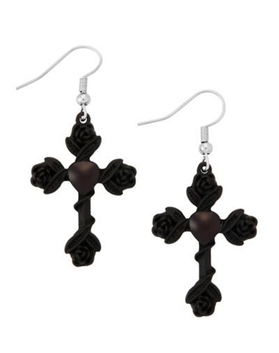 Black Rose Crosses Dangle Earrings