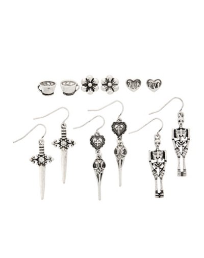 Multi-Pack Flower, Coffee, and Skeleton Stud and Dangle Earrings - 6 P