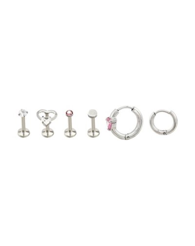 "Multi-Pack CZ Clear and Pink Heart Labret Lip Rings and Hoops - 6 Pack"