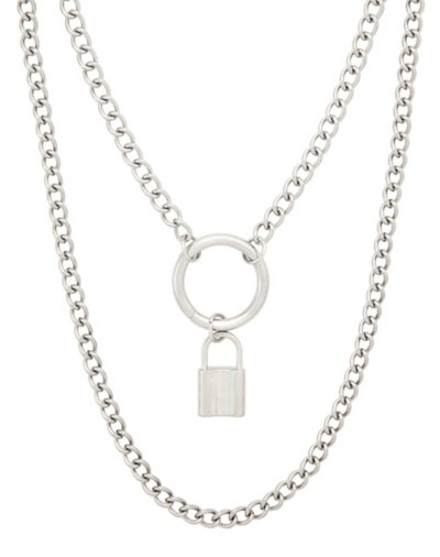 Double Row Silvertone Lock Necklace