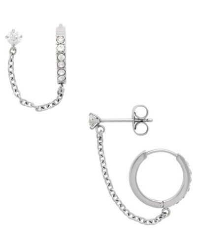 CZ Silvertone Stud Chain Dangle Huggie Hoop Earrings - 20 Gauge