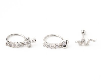 "Multi-Pack CZ Snake and Cross Hoop and Cartilage Earrings 3 Pack - 18"
