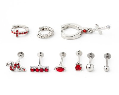 "Multi-Pack Red Snake Hoop and Cartilage Earrings 9 Pack - 18 Gauge"