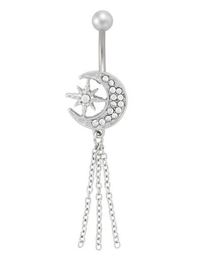 "Titanium Moon and Star Chain Dangle Belly Ring - 14 Gauge"