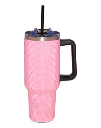 "Pink Rhinestone Travel Tumbler with Straw - 40 oz."