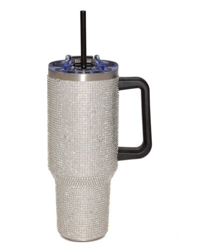 "Silver Rhinestone Tumbler with Straw - 40 oz."