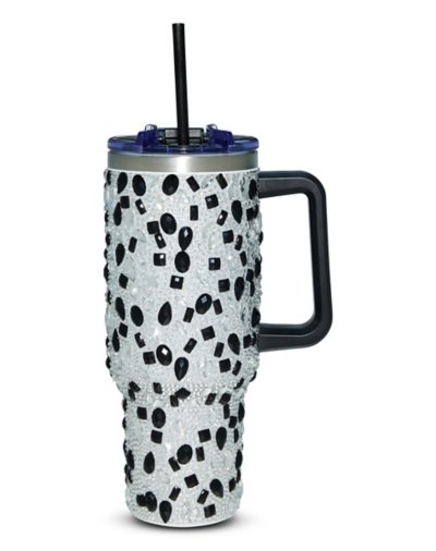 "Black and Silver Bedazzled Tumbler with Straw - 40 oz."