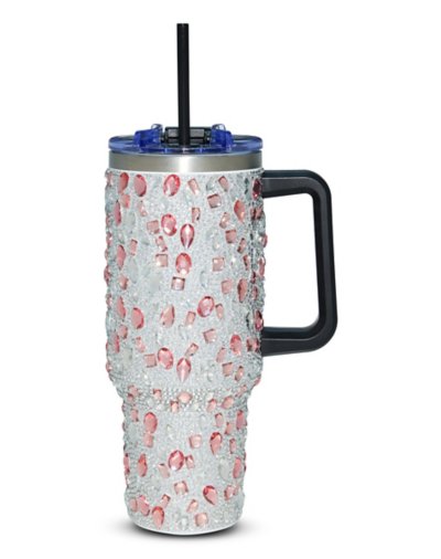 "Pink and Silver Bedazzled Tumbler with Straw - 40 oz."