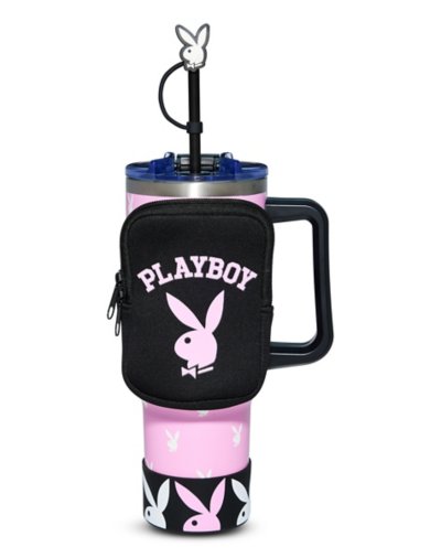 "Pink Playboy Tumbler with Straw Topper and Pouch - 40 oz."