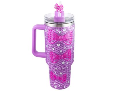 "Purple and Pink Bedazzled Bow Tumbler with Straw - 40 oz."