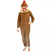 Sock Monkey Adult Womens Hooded One Piece Pajamas at Spencer's