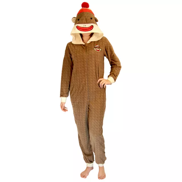 Sock Monkey Adult Womens Hooded One Piece Pajamas at Spencer's