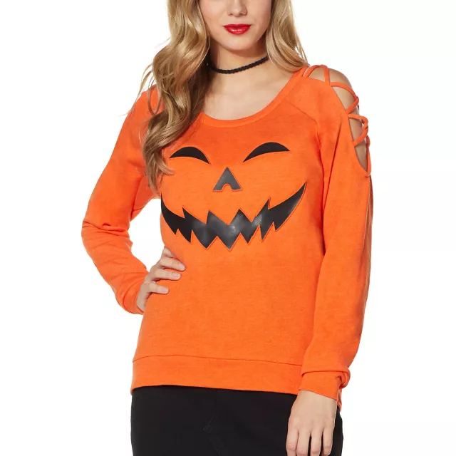 Cross Shoulder Pumpkin Sweatshirt at Spencer's