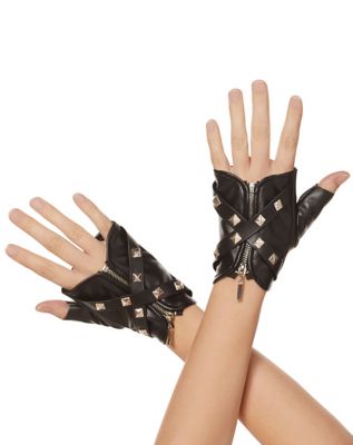 Punk Black Bronze Studded Fingerless Leather Glove For