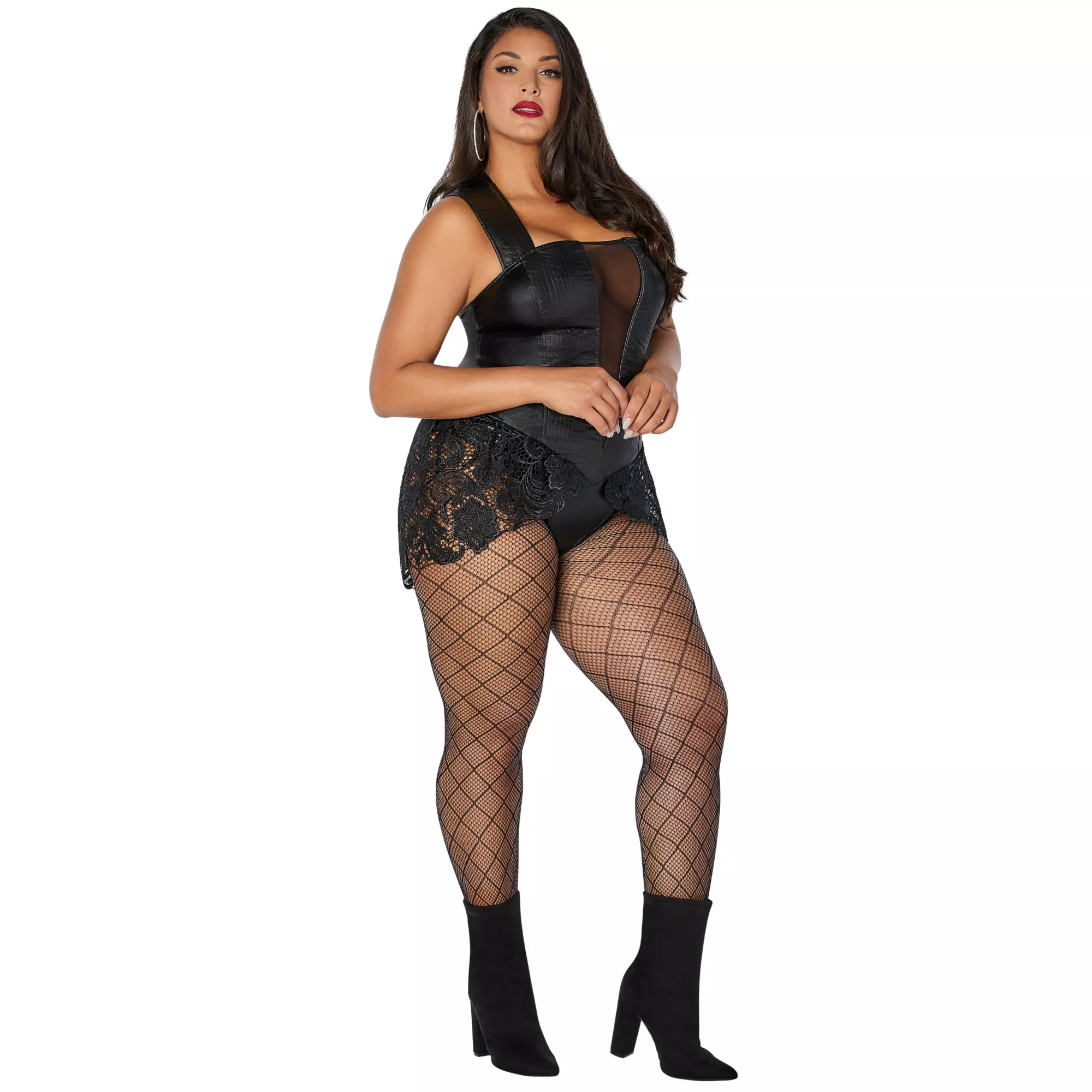 Adult Faux Leather and Lace Plus Size Bodysuit