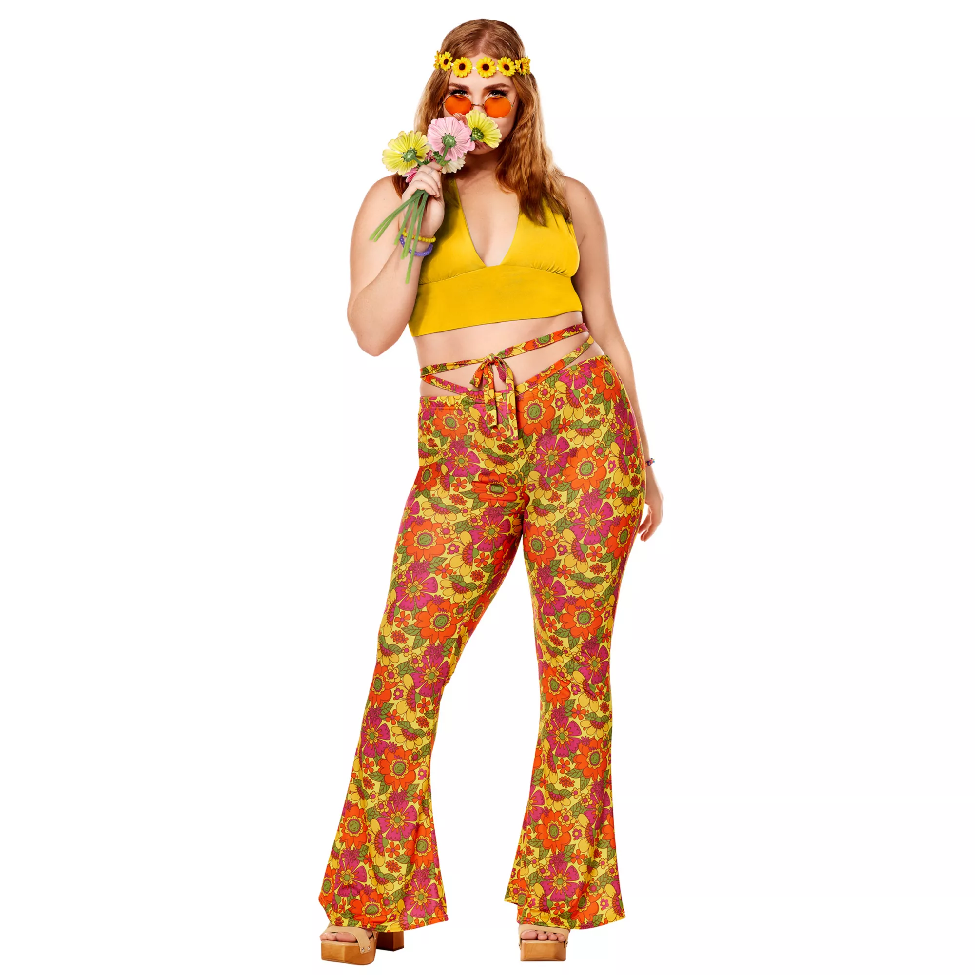 Adult Yellow Flower Bell Bottom Pants