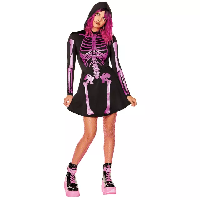 Adult Neon Pink Skeleton Hooded Dress at Spirit Halloween