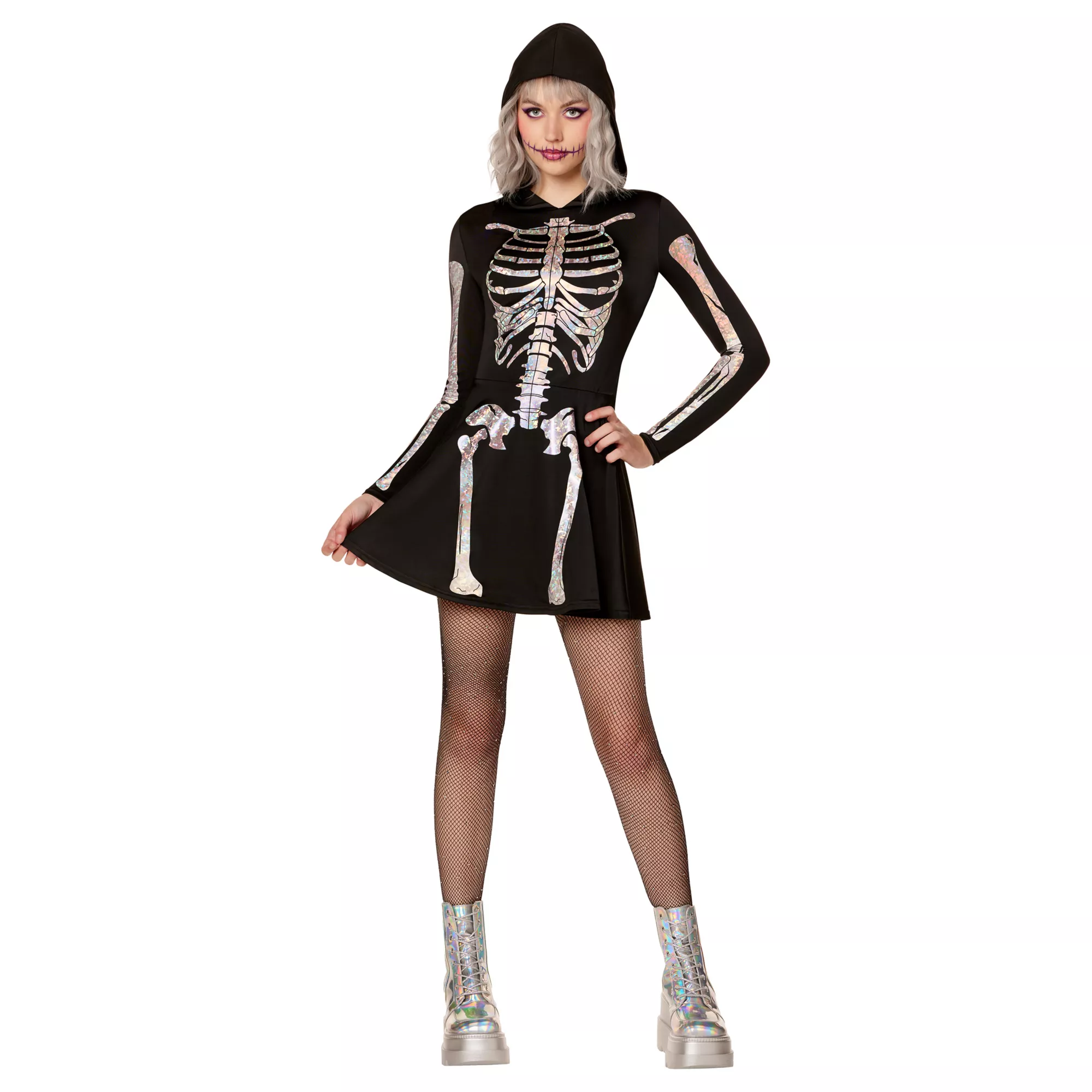 Adult Holographic Skeleton Hooded Dress at Spirit Halloween