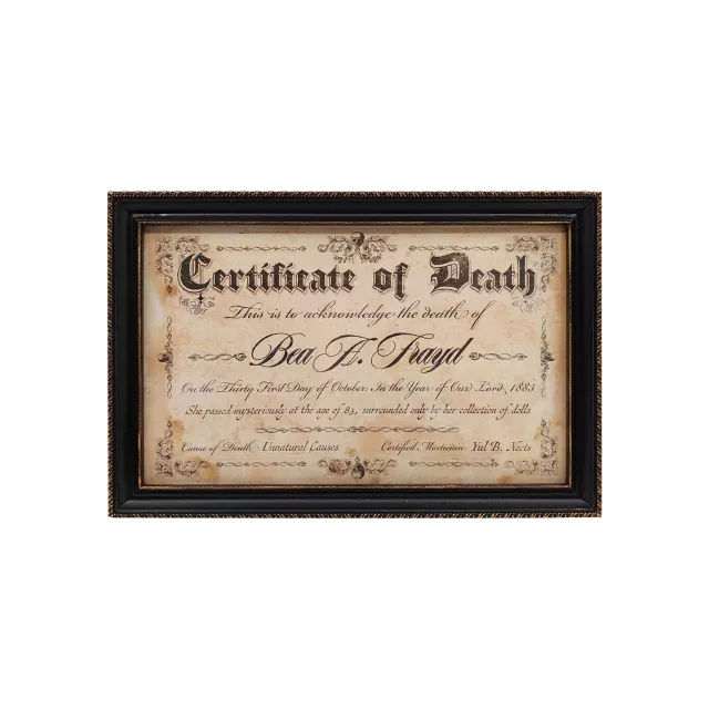 Doll Death Certificate Sign at Spencer's