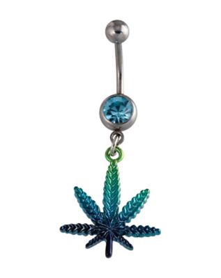 Blue Weed Leaf Dangle Belly Ring - 14 Gauge - Spencer's