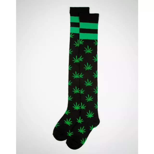 Allover Leaf Knee High Socks Black & Green at Spencer's