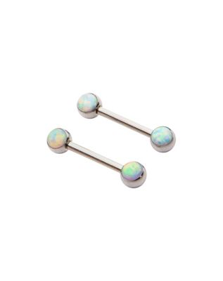 White Faux Opal Heart Captive Ring Straight Barbell Nipple Ring
