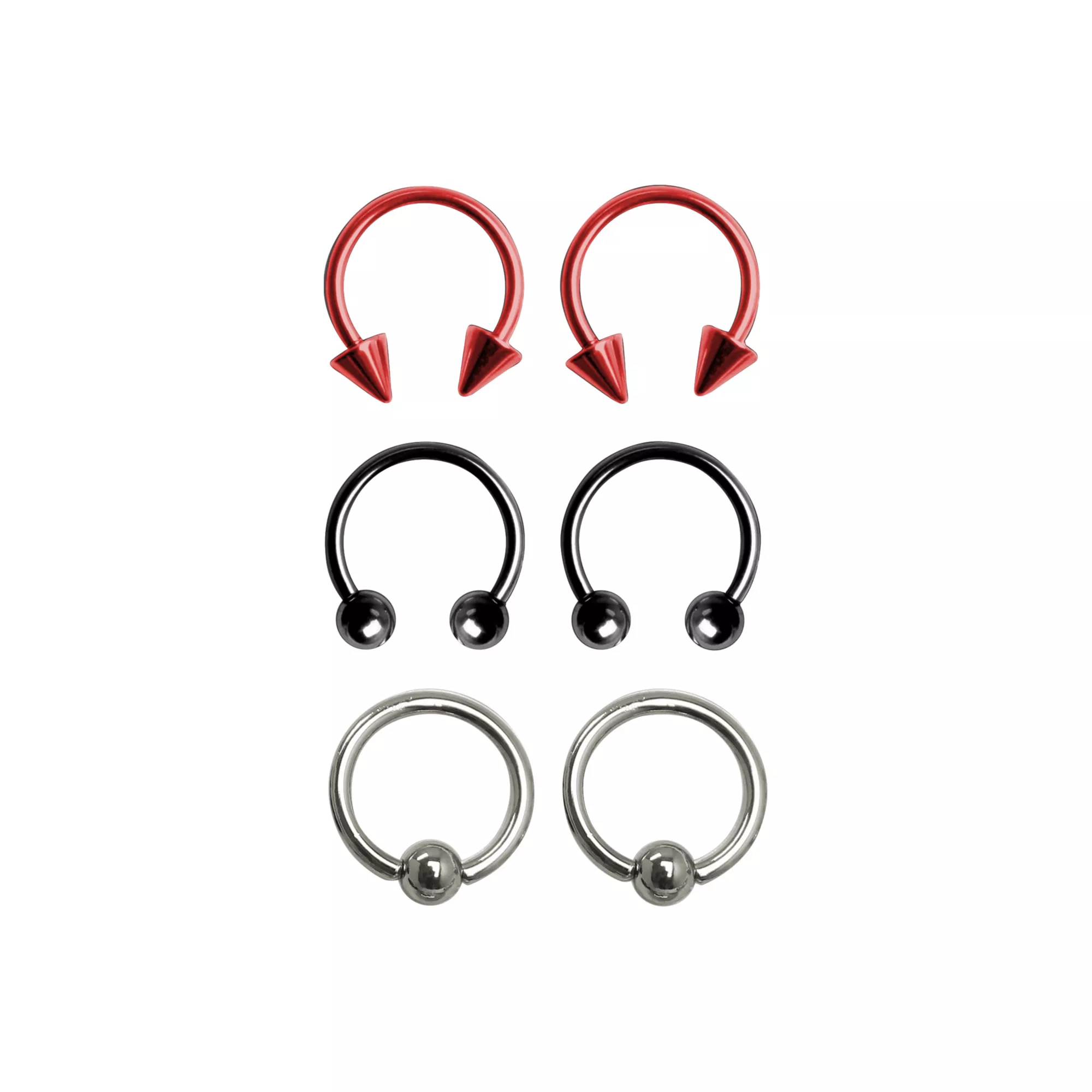 Multi-Pack Silvertone Red and Black Captive Bead Rings and Horseshoe Rings 6 Pack - 10 Gauge at Spencer's