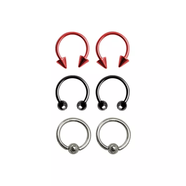 Multi-Pack Silvertone Red and Black Captive Bead Rings and Horseshoe Rings 6 Pack - 10 Gauge at Spencer's