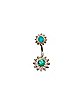 Green CZ Double Flower Barbell Belly Ring- 14 Gauge