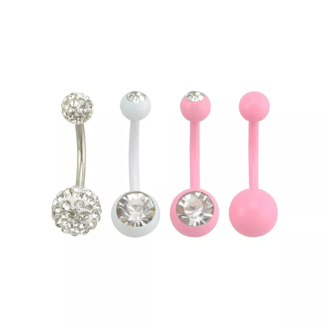 Pink and Silver CZ Belly Ring 4 Pack - 14 Gauge