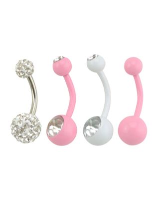 Pink and Silver CZ Belly Ring 4 Pack - 14 Gauge