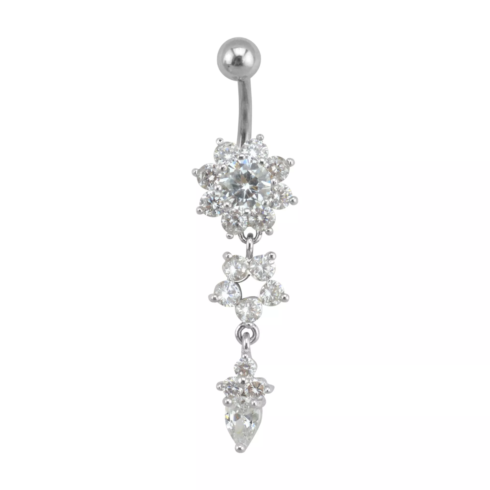 CZ Flower Dangle Belly Ring - 14 Gauge